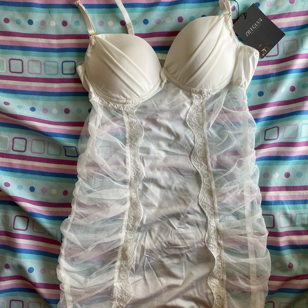 Cream Lace Mesh Chemise with Structured Cups